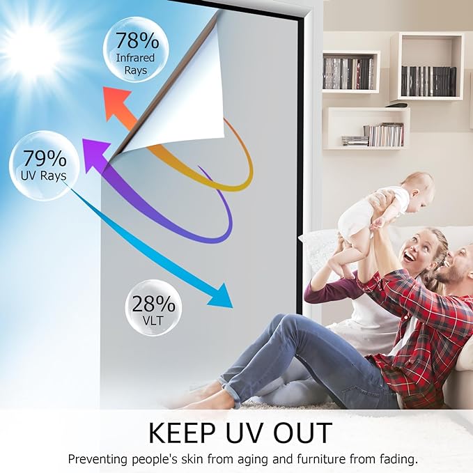 HIDBEA One Way Privacy Window Film, Daytime Privacy Sun Blocking Anti UV Reflective Window Film Heat Control Static Cling Window Tint Film for Home and Office, Silver, 29.5 x 78.7 Inch