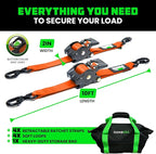 Rhino USA Retractable Ratchet Straps (4-Pack) - 2 Inch x 10 Feet (3,033lb Break Strength) - Heavy Duty Auto Self Retracting Tie Down Straps for Truck, Cargo Trailer, Motorcycle, Rad & More - Orange