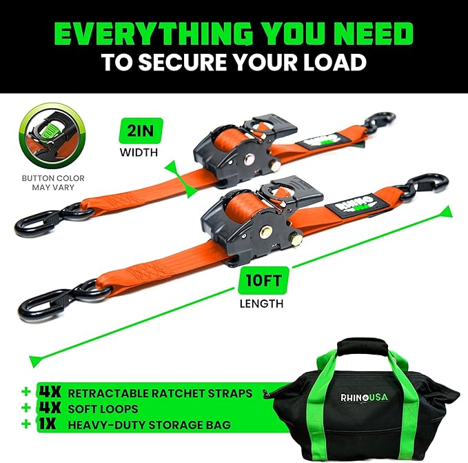 Rhino USA Retractable Ratchet Straps (4-Pack) - 2 Inch x 10 Feet (3,033lb Break Strength) - Heavy Duty Auto Self Retracting Tie Down Straps for Truck, Cargo Trailer, Motorcycle, Rad & More - Orange