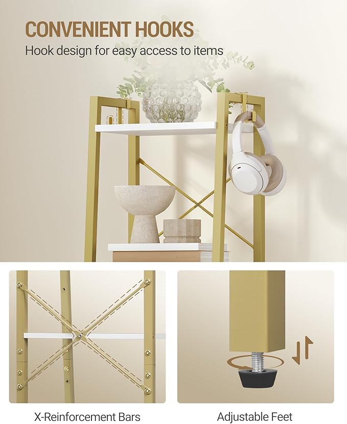 Hzuaneri Ladder Shelf, Bookshelf Bookcase, Freestanding Corner Storage Shelve with 2 Hooks for Home Office, Living Room, Kitc
