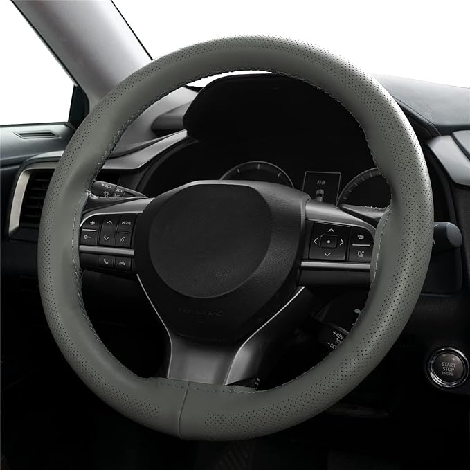 AUTOXBERT 38cm/15 Inch Genuine Leather DIY Steering Wheel Cover Soft Hand Sewing On Wrap Cover with Needles Thread fit for VW
