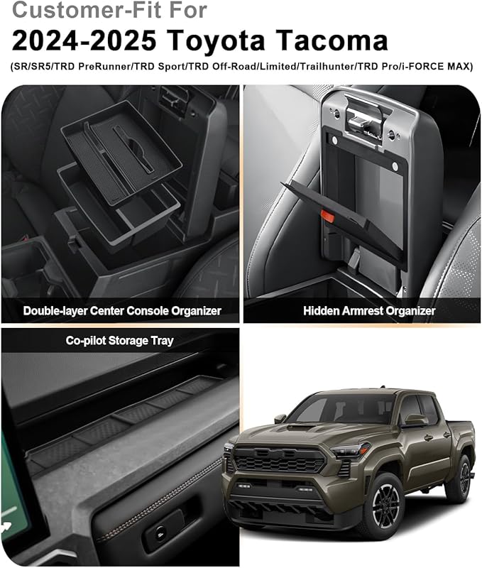 ECOZEN 2026 Tacoma Center Console Organizer - 3 Pcs Double-Layer Center Console Organizer + Armrest Hidden Storage Box + Co-pilot TPE Organizer Tray Set For 2024-2025 2026 Toyota Tacoma Accessories