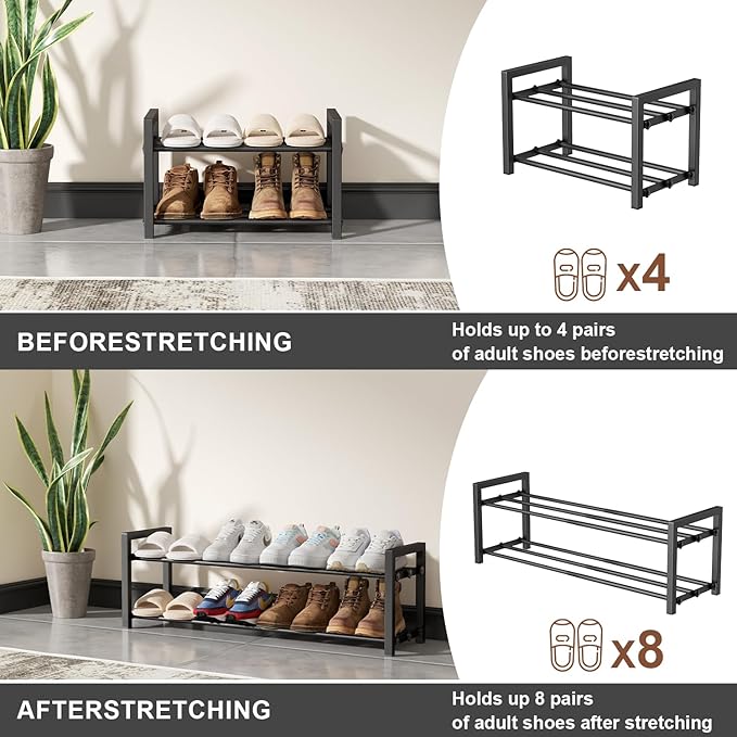 2-Tier Expandable Shoe Rack,Adjustable Shoe Shelf Storage Organizer Heavy Duty Metal Free Standing Shoe Rack for Entryway Clo