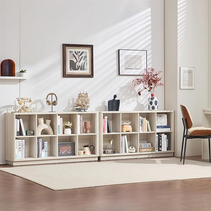 Joaxswe 8 Cube Storage Bookcase, 52" Long Horizontal Book Shelf w/Curved Edge, Wood Low 2-Tier Cubby Console Bookshelf with B