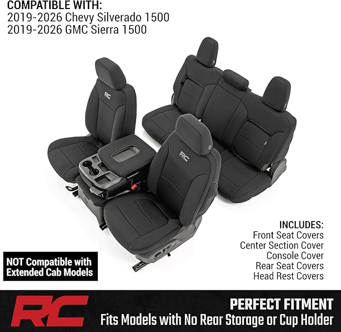Rough Country Neoprene Seat Covers for Chevy Silverado & GMC Sierra 1500 (2019-2026) w/No Rear Seat Storage or Cup Holder - W