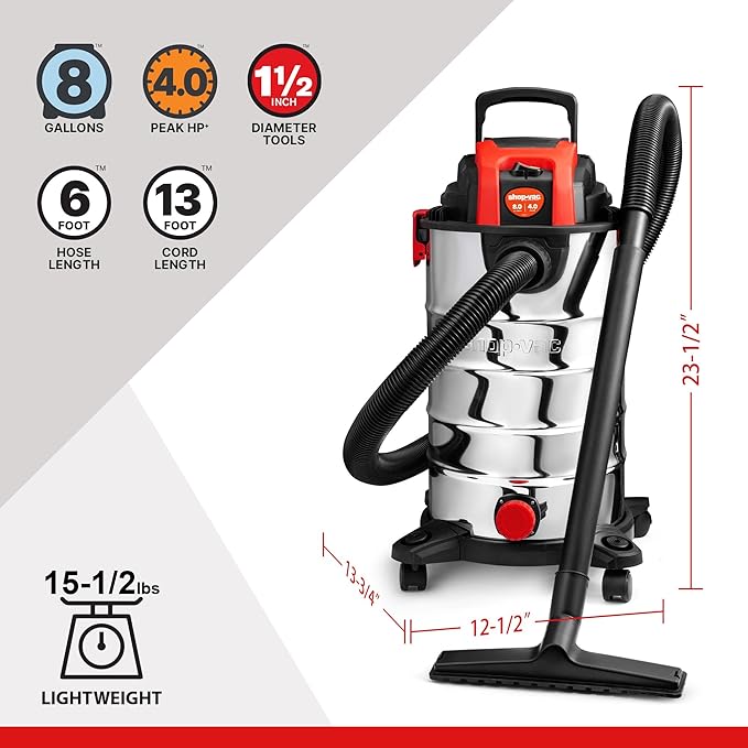 Shop-Vac 8 Gallon 4.0 HP Wet/Dry Vacuum with Blower Function, Stainless Steel Tank, Portable Shop Vacuum with Wheels, Include