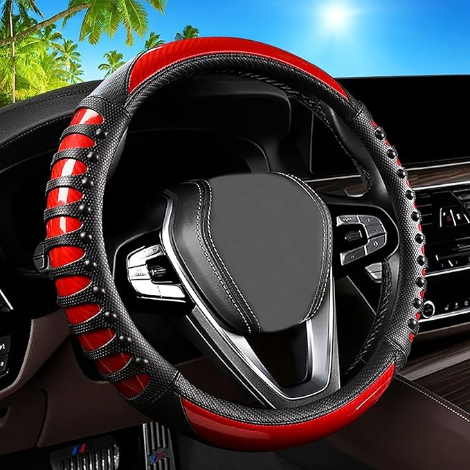 3D Massage Red Carbon Fiber Leather Steering Wheel Cover, 14.5-15 Inch Non-Slip Breathable Microfiber Car Steering Wheel Prot
