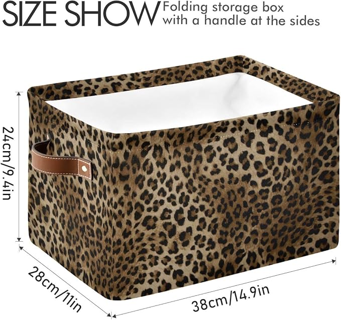 Leopard Print Vintage Storage Basket Collapsible Cloth Storage Cube Basket Bins Organizer with Handles Rectangular Large Toys
