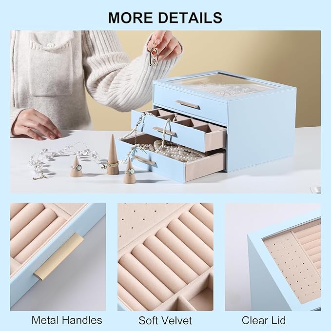 Frebeauty Clear Lid Jewelry Box,3-Layer Jewelry Organizer with Drawer,PU Leather Jewelry Organizers and Storage,Jewelry Boxes
