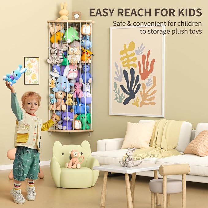 Jtksfcl Stuffed Animal Storage Wood Corner Plush Toys Holder with Star Pattern, Length Adjustable Hanging Stuffed Animal Toy 