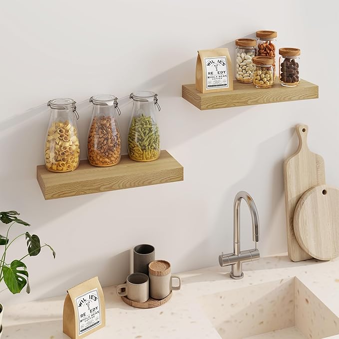 Fun Memories Floating Shelves for Wall, 20Inch Floating Shelves Set of 2, Hanging Shelf with Invisible Brackets, Wood Shelves