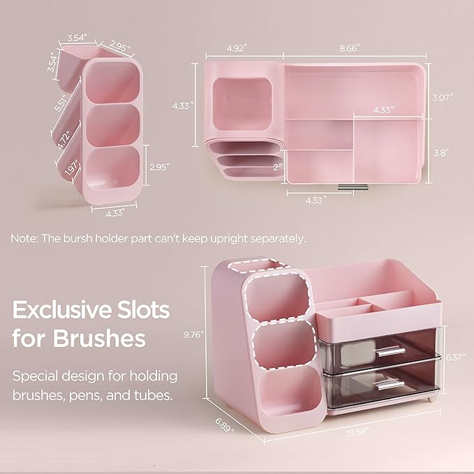 HBlife Makeup Organizer with Brush Holder for Vanity, Large Plastic Bathroom Countertop Organizer Skin Care Storage, Easy to 