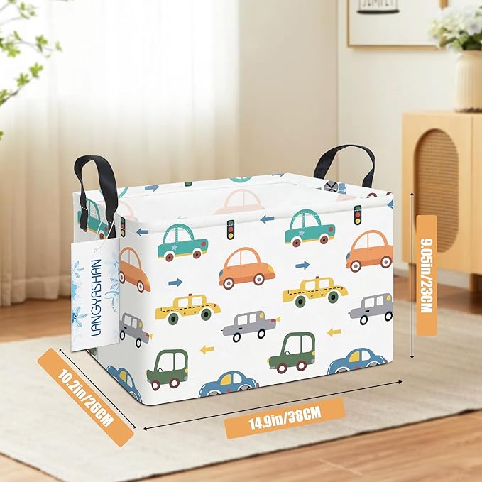 LANGYASHAN Rectangular Storage Bin Collapse Canvas Fabric Cartoon Storage Basket with Handles for Organizing Home Kitchen Boy