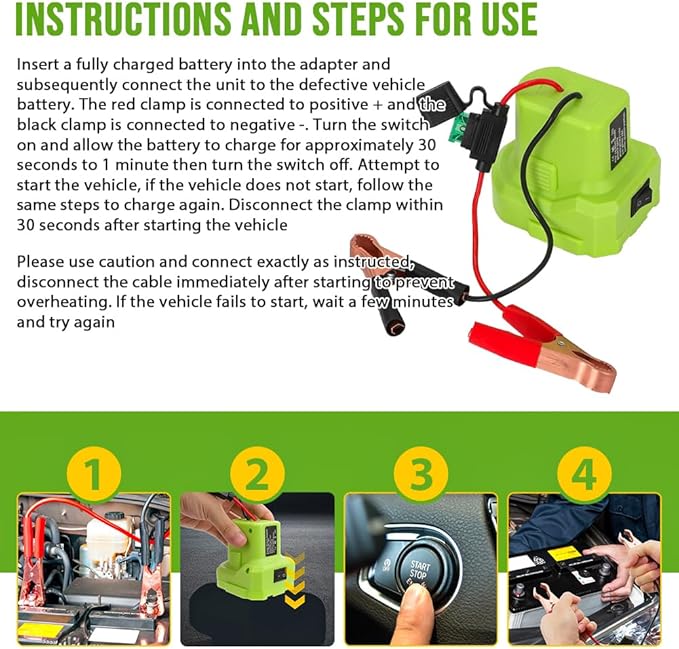 Jumper Cables Adapter for Ryobi 18v Battery Jump Starter, for Jump starting Cars Trucks Tractors (Battery is NOT INCLUDED)