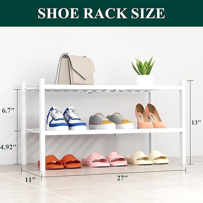 Smiry Shoe Rack, 2 Tier Thick Bamboo Shoe Organizer, Stackable Free Standing Wooden Shoe Storage Shelf for Closet, Entryway, 
