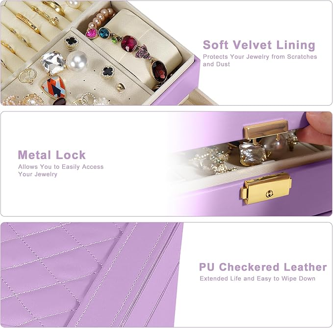 2-Layer Jewelry Box for Women Girls, Jewelry Organizers and Storage with Removable Jewelry Tray, Vintage Quilted Top Lockable