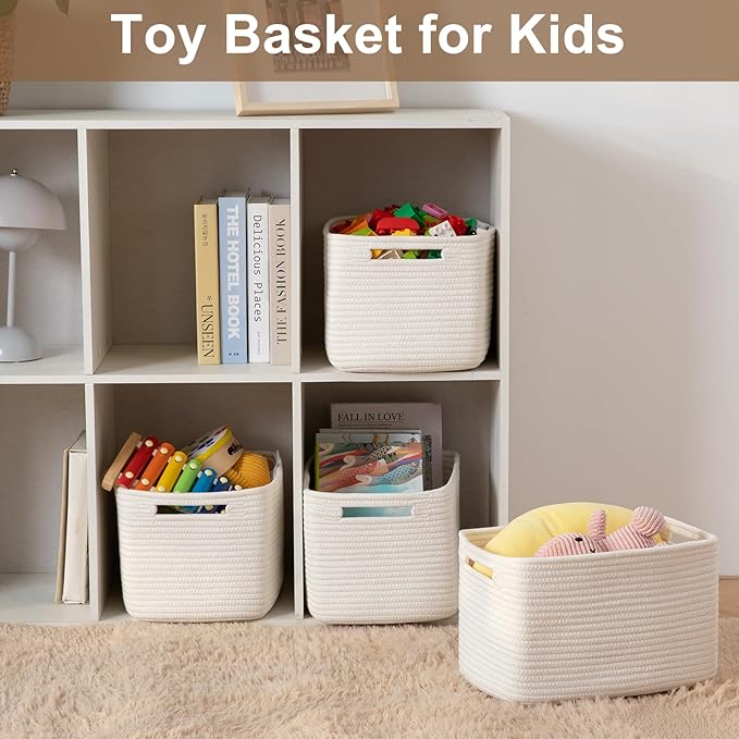 OIASKET Storage Baskets for Organizing, Woven Decorative Baskets for Shelves - Books, Towels, and Clothes, Cotton Rope Toy St