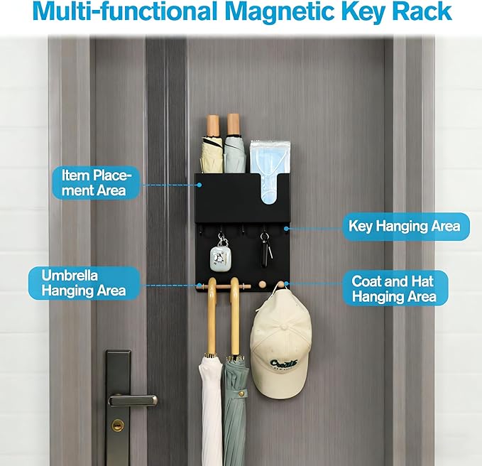 Magnetic Key Holder & Umbrella Holder for Wall, Multi-Functional Entryway Shelf for Tissues. Sturdy Hooks for Keys, Bags. Spa