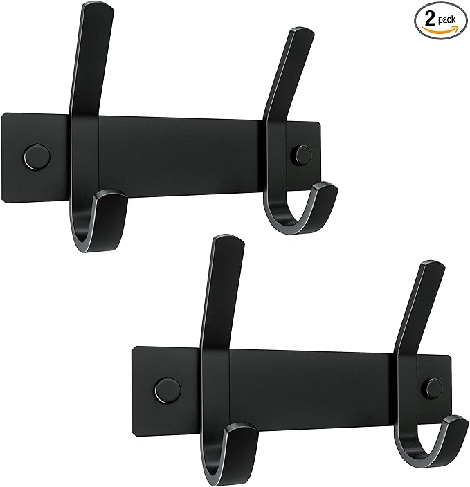 Matte Black Small Coat Rack Wall Mount – 6 Inch Stainless Steel Hook Rail with 2 Double Coat Hooks – Wall Mounted Entryway Or