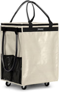 (Medium, Beige) Reusable Grocery Bag on 4 Wheels, Foldable Rolling Tote Carries Up to 66lb Shopping Trolley, Rolling Bag with 3 Handles, Zipper Clouser Rolling Tote Bag with Wheels for Laundry