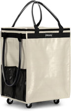 (Medium, Beige) Reusable Grocery Bag on 4 Wheels, Foldable Rolling Tote Carries Up to 66lb Shopping Trolley, Rolling Bag with 3 Handles, Zipper Clouser Rolling Tote Bag with Wheels for Laundry