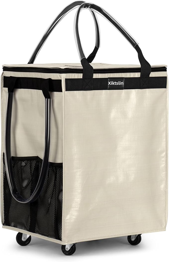 (Medium, Beige) Reusable Grocery Bag on 4 Wheels, Foldable Rolling Tote Carries Up to 66lb Shopping Trolley, Rolling Bag with 3 Handles, Zipper Clouser Rolling Tote Bag with Wheels for Laundry