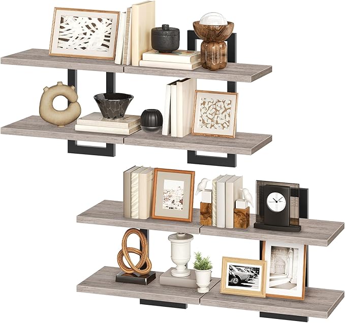 HOOBRO Floating Shelves, 15 Inch Wall Shelf Set of 4, Wall Mounted Storage Shelves 2-Tier, Hanging Bathroom Shelves, for Livi