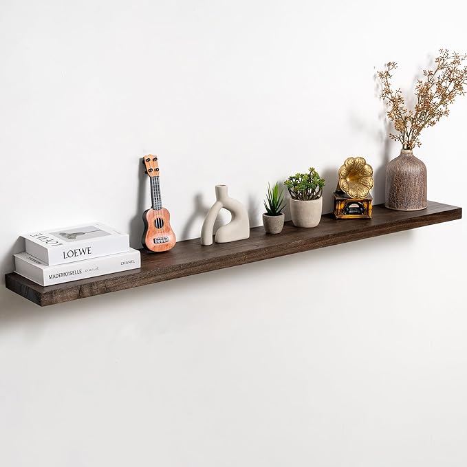 Fun Memories Solid Elm Wood Floating Shelves Set of 1-55 Inch Rustic Wall Shelves with Heavy-Duty Invisible Brackets - for Li
