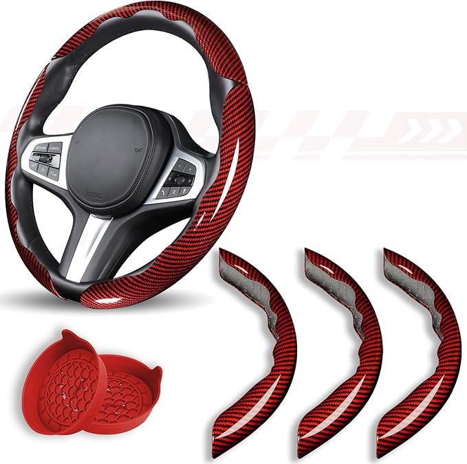 Car Steering Wheel Cover, 3 Piece Bright Carbon Fiber Steering Wheel Covers, Non-Slip Steering Wheel Cover Protector, Great Grip, Universal Car Accessories Decoration for 14.5-15 inch (Red)