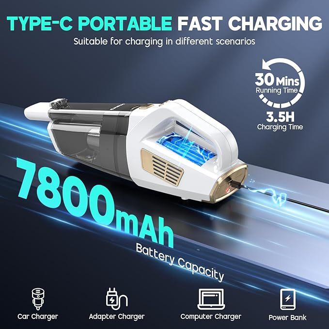 Handheld Vacuum Cordless, 15000PA Strong Suction Hand Held Car Vacuum Cleaner Portable with Multi-Nozzles & Washable Filter, 