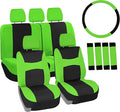 Automotive Seat Covers Green Universal Fit Combo Set with Steering Wheel Cover and Seat Belt Pad fits most Cars, SUVs, and Tr