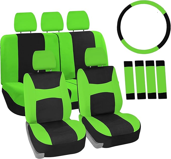 Automotive Seat Covers Green Universal Fit Combo Set with Steering Wheel Cover and Seat Belt Pad fits most Cars, SUVs, and Tr