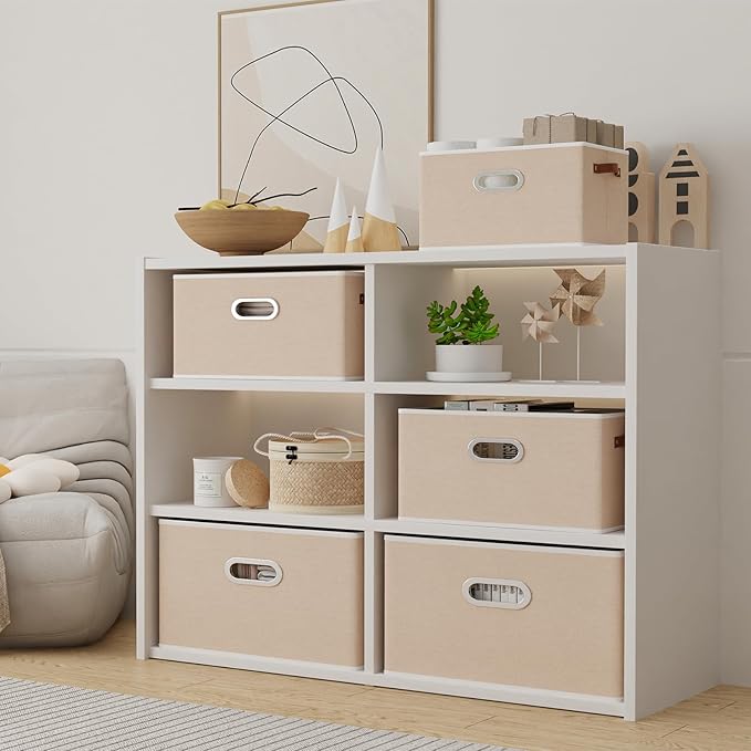 Yawinhe Fabric Storage Bins with Handles, Foldable Baskets for Shelves, Cubes with 3 Handles, Large Boxes for Clothes, Beige,