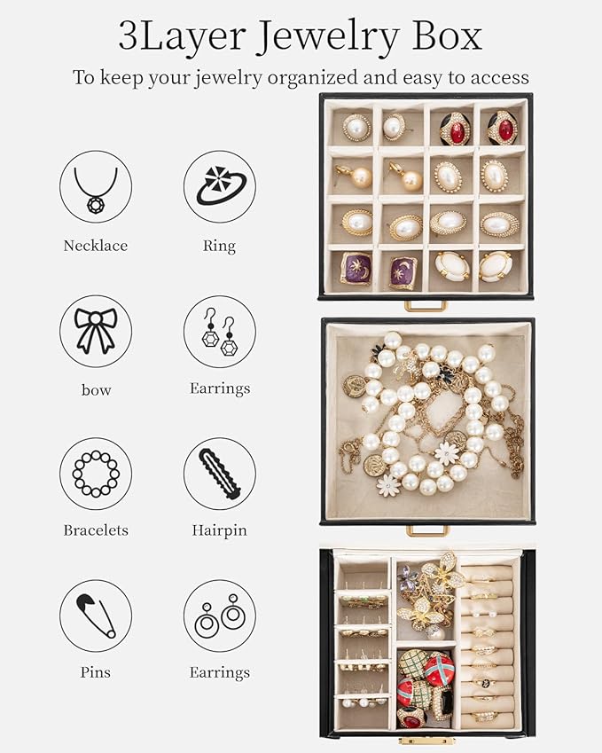 TORIBIO Jewelry Box for Women, Leather Jewelry Organizer with Mirror & Lock, 3-Tier Jewelry Storage Organizer with 2 Drawers 