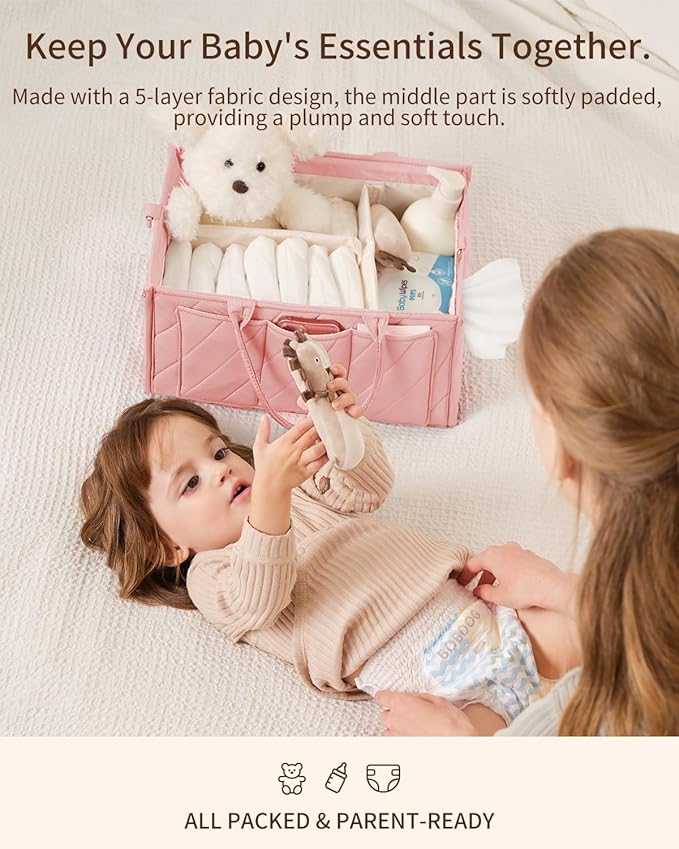 Pink Diaper Caddy Organizer – Portable Storage Basket with Shoulder Strap & Stroller Hooks, Splashproof Quilted Nursery & Car