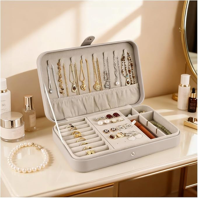 Luxury Small Travel Jewelry Box with Earring Compartments, Rectangle Jewellery Organizer Case for Women,Valentine's Day Gift 