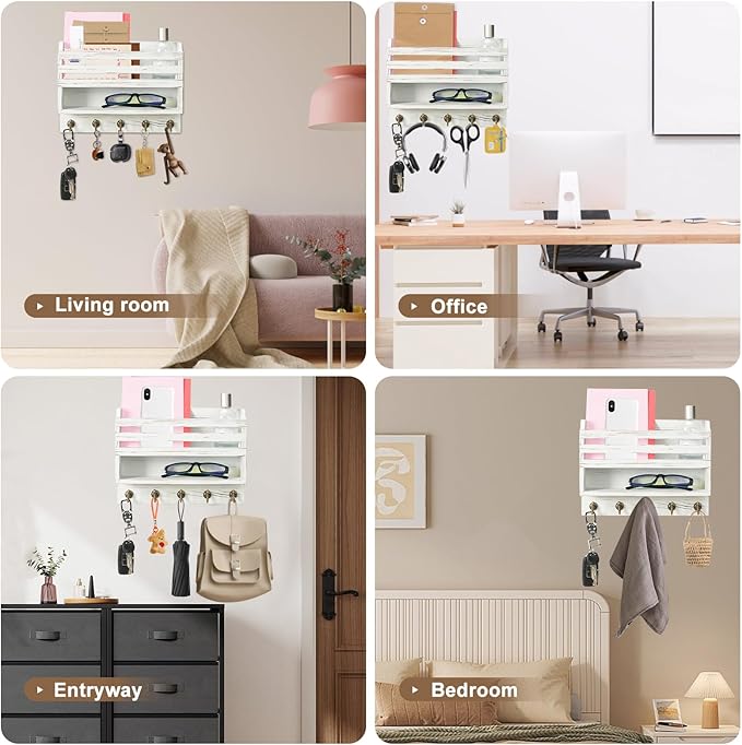 Mail and Key Organizer for Wall – Key Holder Wall Mount with Storage Box and 5 Key Hooks, Mail Holder Wall Mounted for Entryw