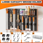 Broom Holder Wall Mount, Peg Board Wall Organizer with Mop Hanger Gripper Hooks Basket, Laundry Room Organization and Storage