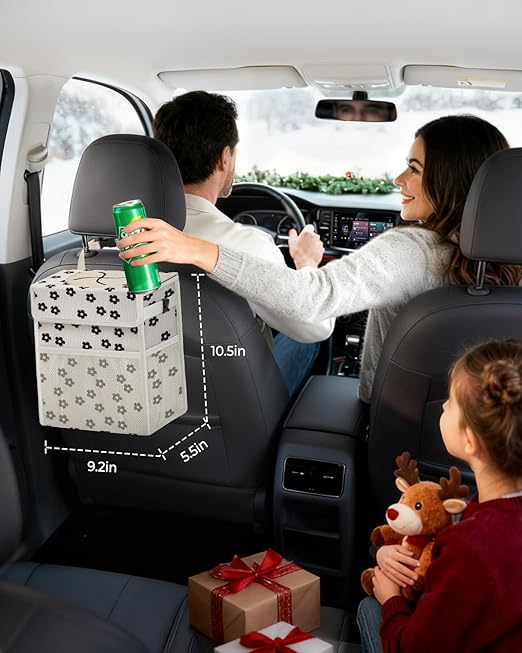 Corduroy Car Trash Can with Lid and Mesh Pockets - Leakproof Organizer,Multipurpose Waterproof Garbage Can/Trash Bin for Car(Off-White Base with Black Floral Print-2 Gallons)