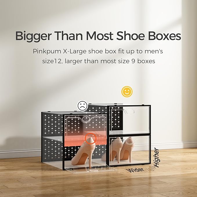 Pinkpum 15 Pack X-Large Shoe Storage Boxes Fit Size 11, Shoe Organizer for Closet Clear Plastic Stackable Shoe Dispaly Case B