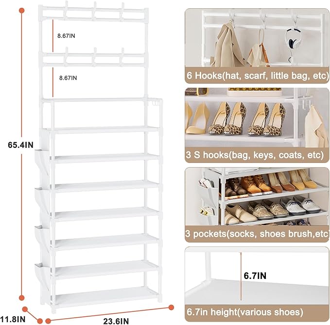 Shoe Rack 7 Tier Shoe Organizer Storage 21-28 Pairs Closet Shoes Rack for Front Door Entrance Shoe Rack Organizer with Hooks 