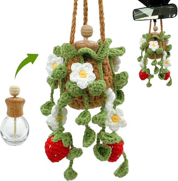 Crochet Car Air Freshener, 15ml Empty Refillable Oil Diffuser Bottle with Hanging Crochet Cute Plant for Car Rearview Mirror 