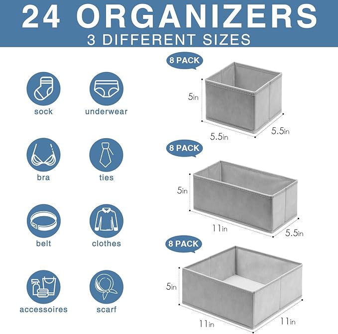 Criusia Drawer Organizer Clothes 24 Pack, Fabric Closet Organizers and Storage Bins for Underwear Sock, Odorless Dresser Draw