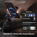 Mic Stand Phone Holder Aluminum Compatible with Magsafe iPhone 16/15/14/13/12 Plus Pro Max Series, Side Mount Cellphone Music Stand Holder for Microphone, 360° Swivel Tilt Adjustable Mic Phone Mount