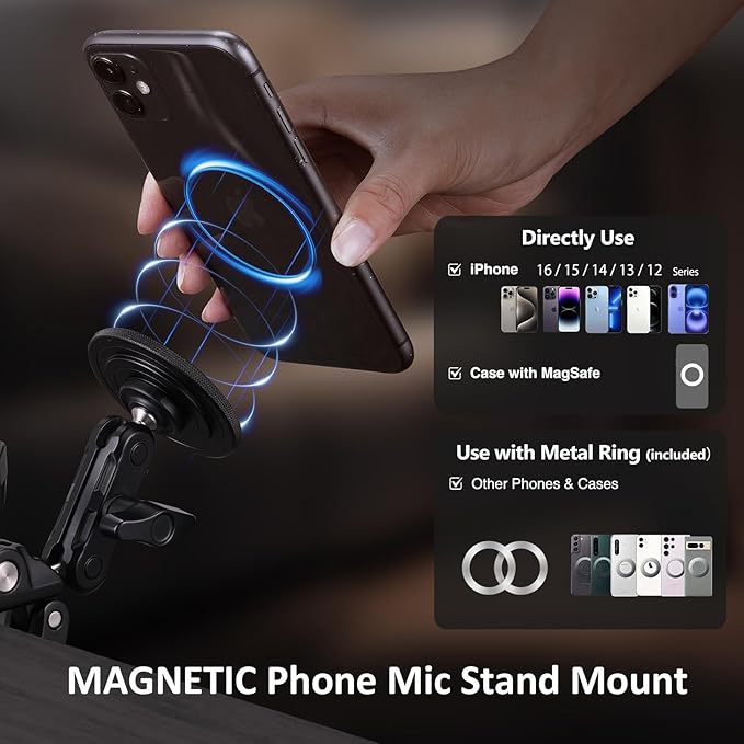 Mic Stand Phone Holder Aluminum Compatible with Magsafe iPhone 16/15/14/13/12 Plus Pro Max Series, Side Mount Cellphone Music Stand Holder for Microphone, 360° Swivel Tilt Adjustable Mic Phone Mount