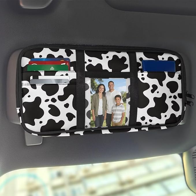Cow Print Car Sun Visor Organizer Storage Auto Interior Accessories Pocket Organizer - Lightweight Car Truck SUV Storage Pouch Holder, with Multi-Pocket Zipper for Card, Document