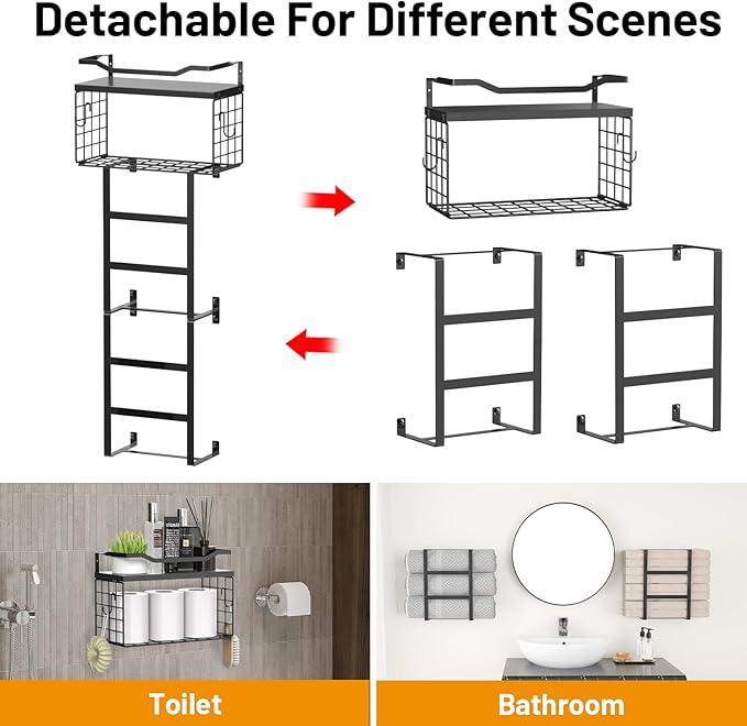 Towel Racks for Bathroom Black, 34IN Rolled Towel Holder, Towel Rack Wall Mounted with 2 Pack Shelf and a Wire Basket, Bathro
