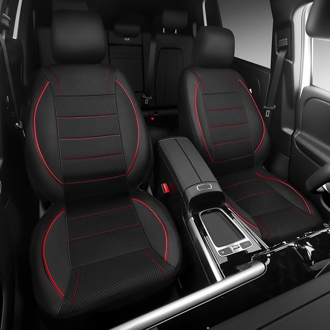 CAR PASS Air Mesh Leather Car Seat Covers Front Seats, Breathable Two Front Seat Covers for Cars, Comfortable Universal Fit for SUV Truck Sedan Automotive, Anti-Slip Airbag Compatible,Black and Red