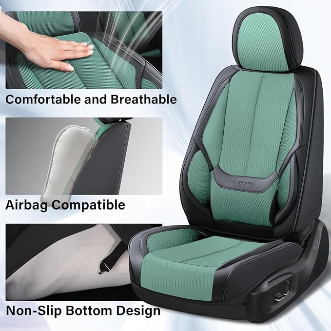 Coverado Seat Covers Full Set, Car Seat Covers Front Seat and Back Seat, Breathable Fabric&Leather Car Seat Protectors, Unive
