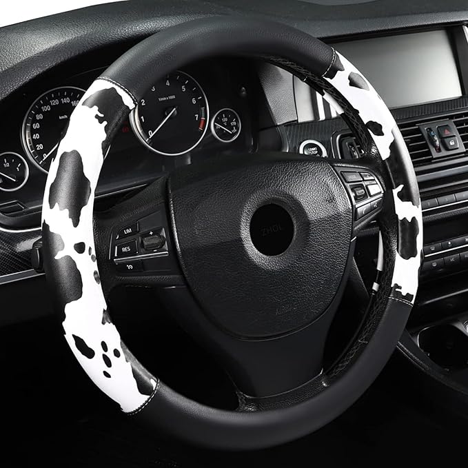 Cow Print Steering Wheel Cover, Universal 14.5-15 inch Breathable Microfiber Leather Anti-Slip Car Steering Wheel Protector f